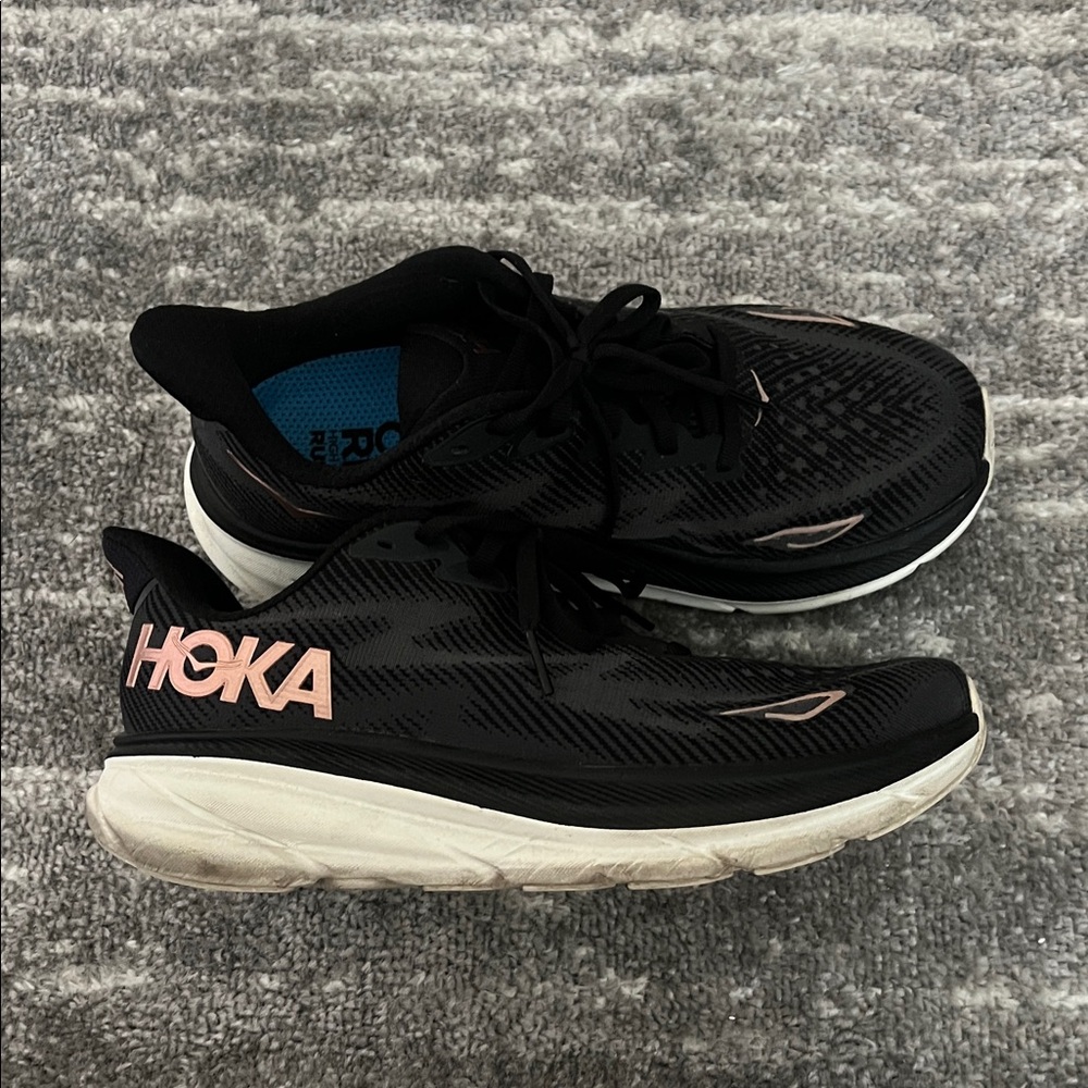 Hoka Black Rose Gold and White Athletic Shoes